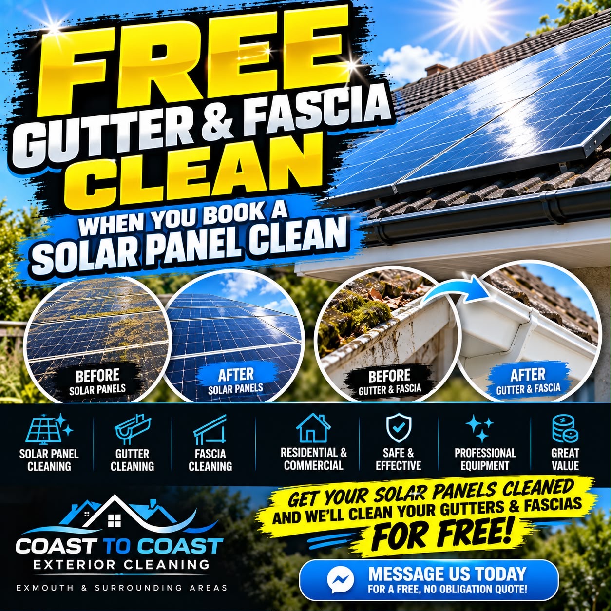 Solar panel cleaning offer from Coast to Coast Exterior Cleaning in Exmouth
