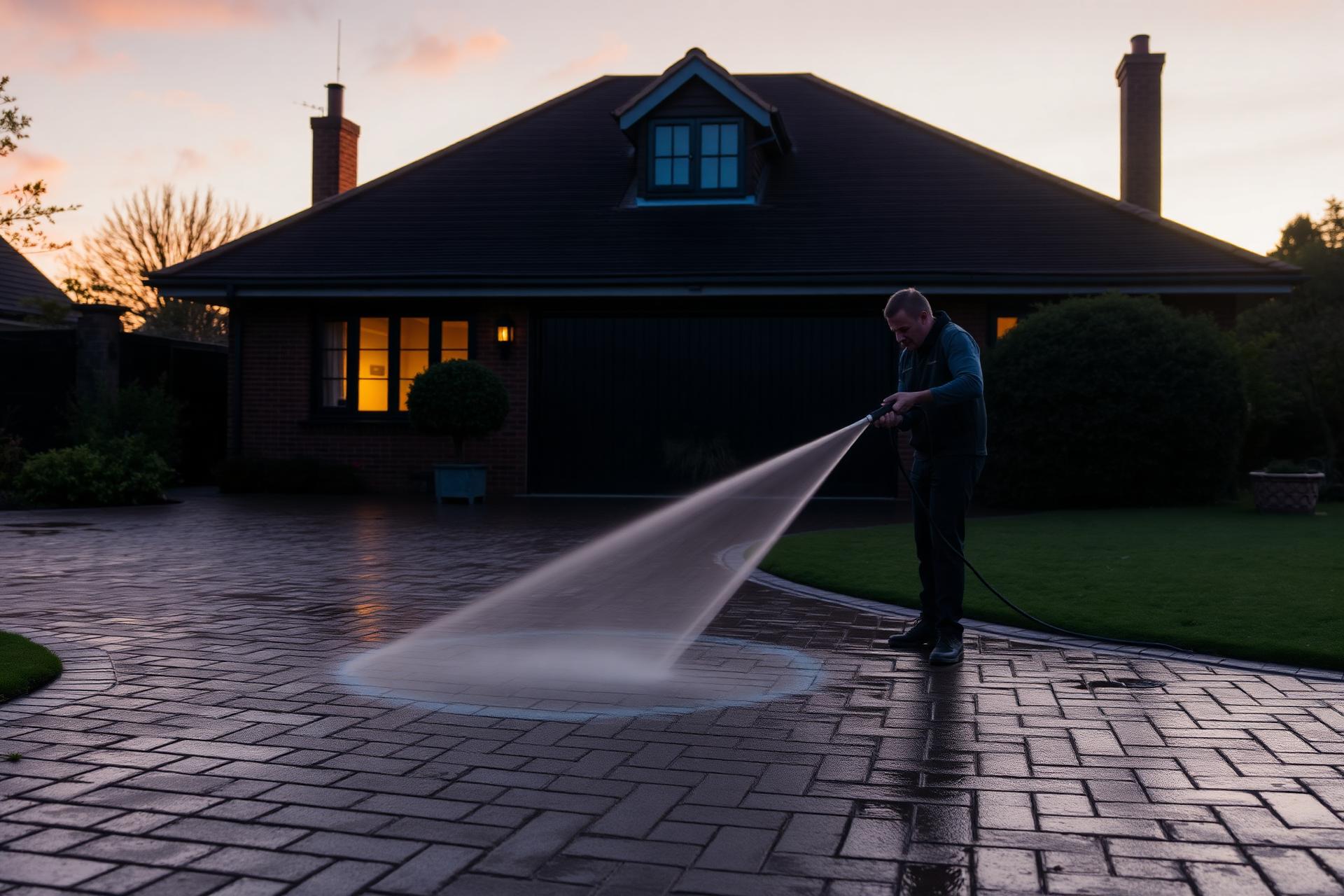 Pressure washing a Devon driveway at dusk